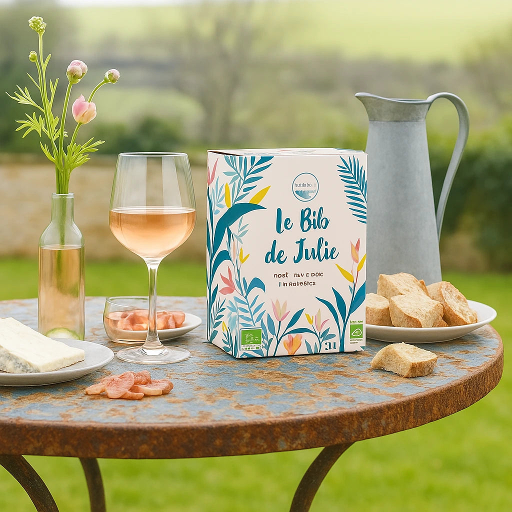 Lebox wijnen Bag in box verpakking Julie rose wijn op een tafel met stokbrood en kaas