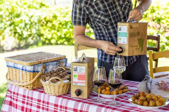 Lebox wijnen Bag in box witte wijn en rode wijn op een picknick tafel in de zomer