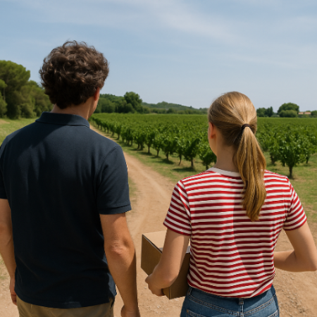 Lebox wijnen twee personen kijkend naar een wijnveld